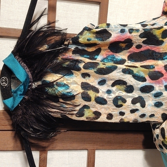Sparkly Multicolor Leopard Print Tutu with Feather Trim at the Neck - Picture 2 of 5